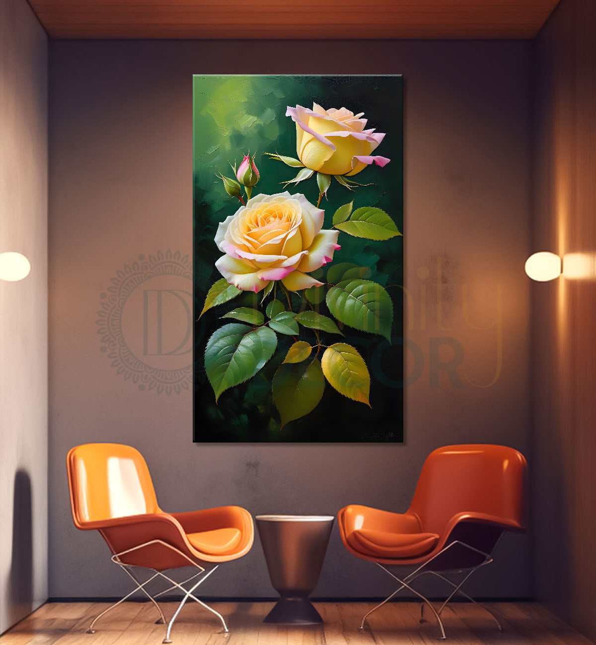 Yellow flowers in green textured background painting- Flower-V-289