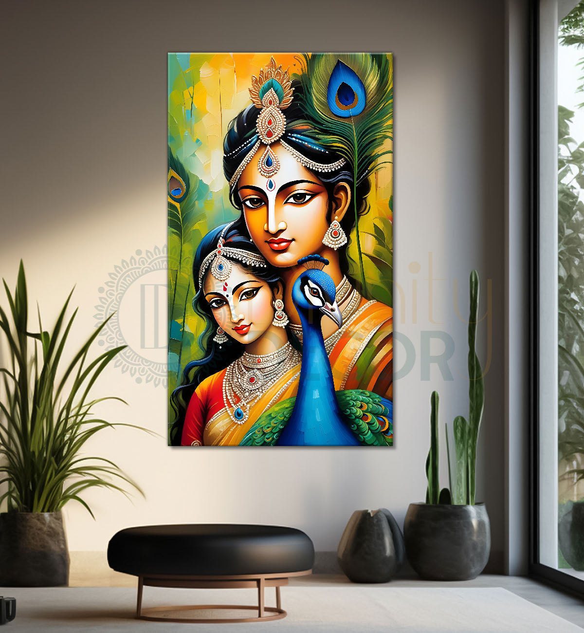 Krishna with radha in peacock feathers background textured art Canvas Painting - Design - Krishna-V-28