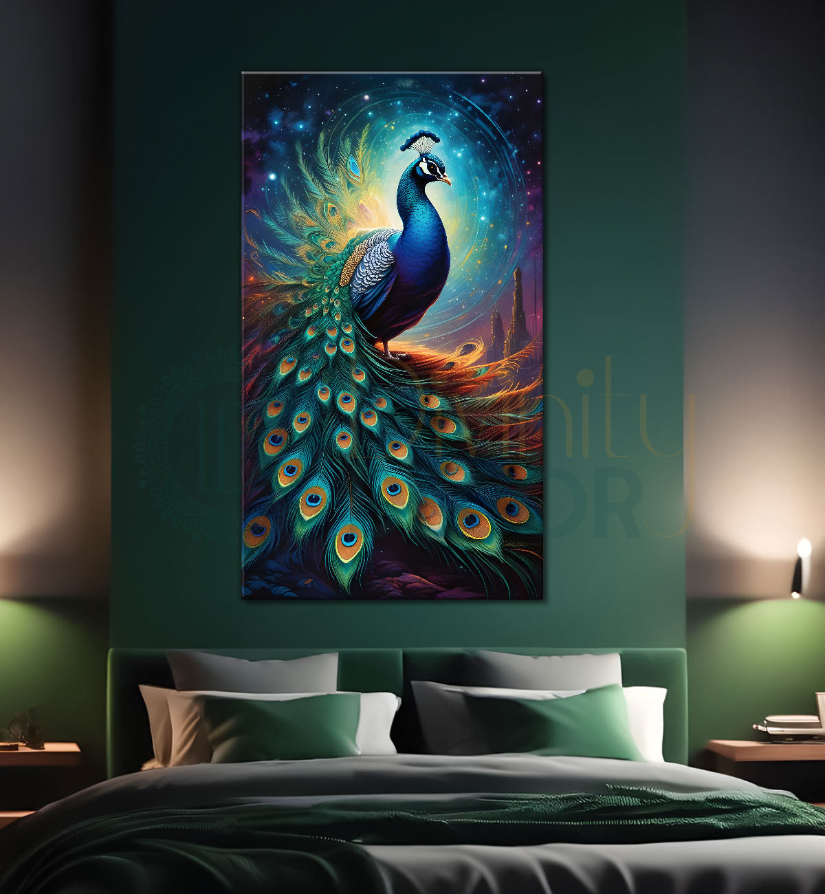 Peacock in front of moon with blue background modern art painting   - Design - Peacock-V-28