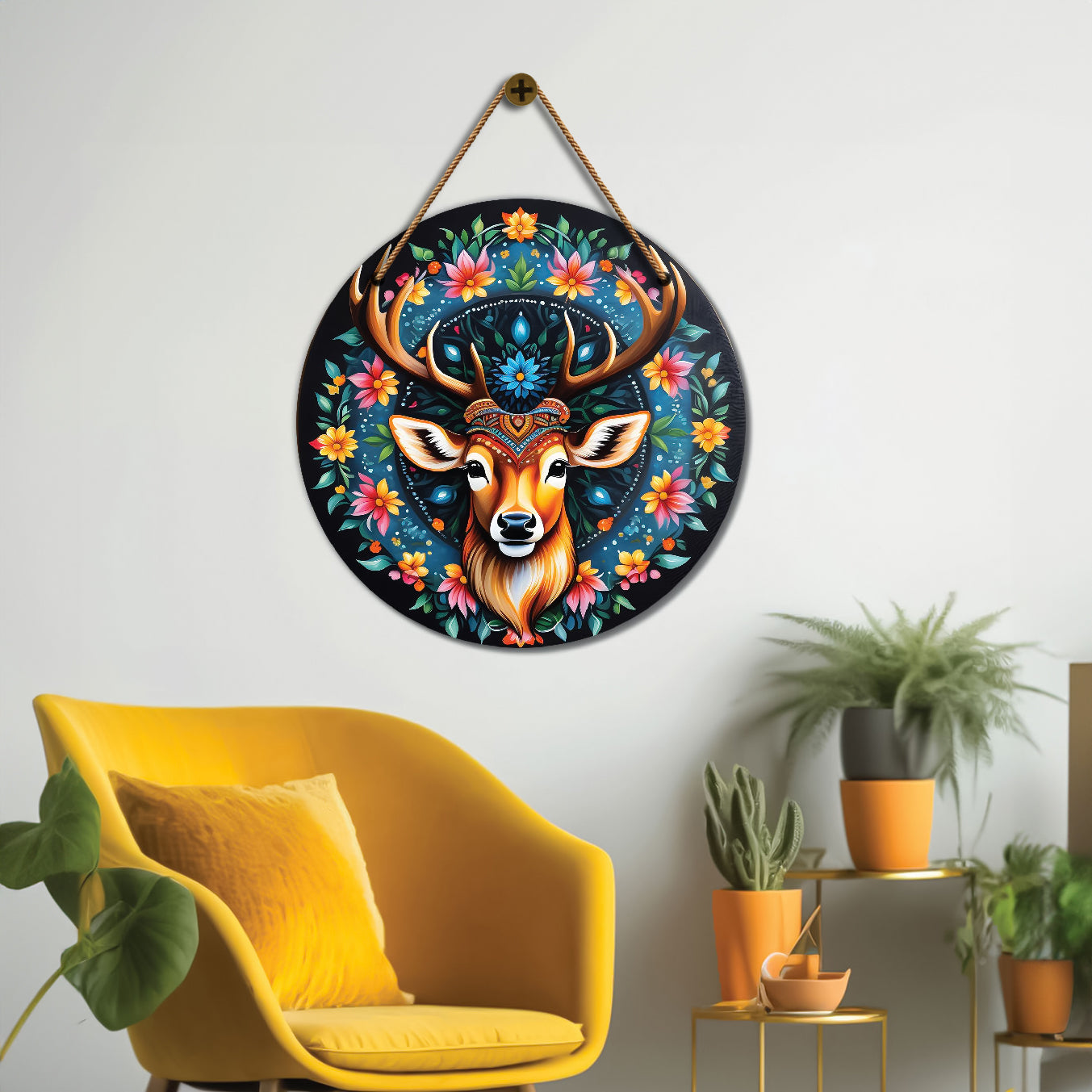 Deer in blue and floral mandala Round Wooden Wall Hanging for wall Décor - Design - 290