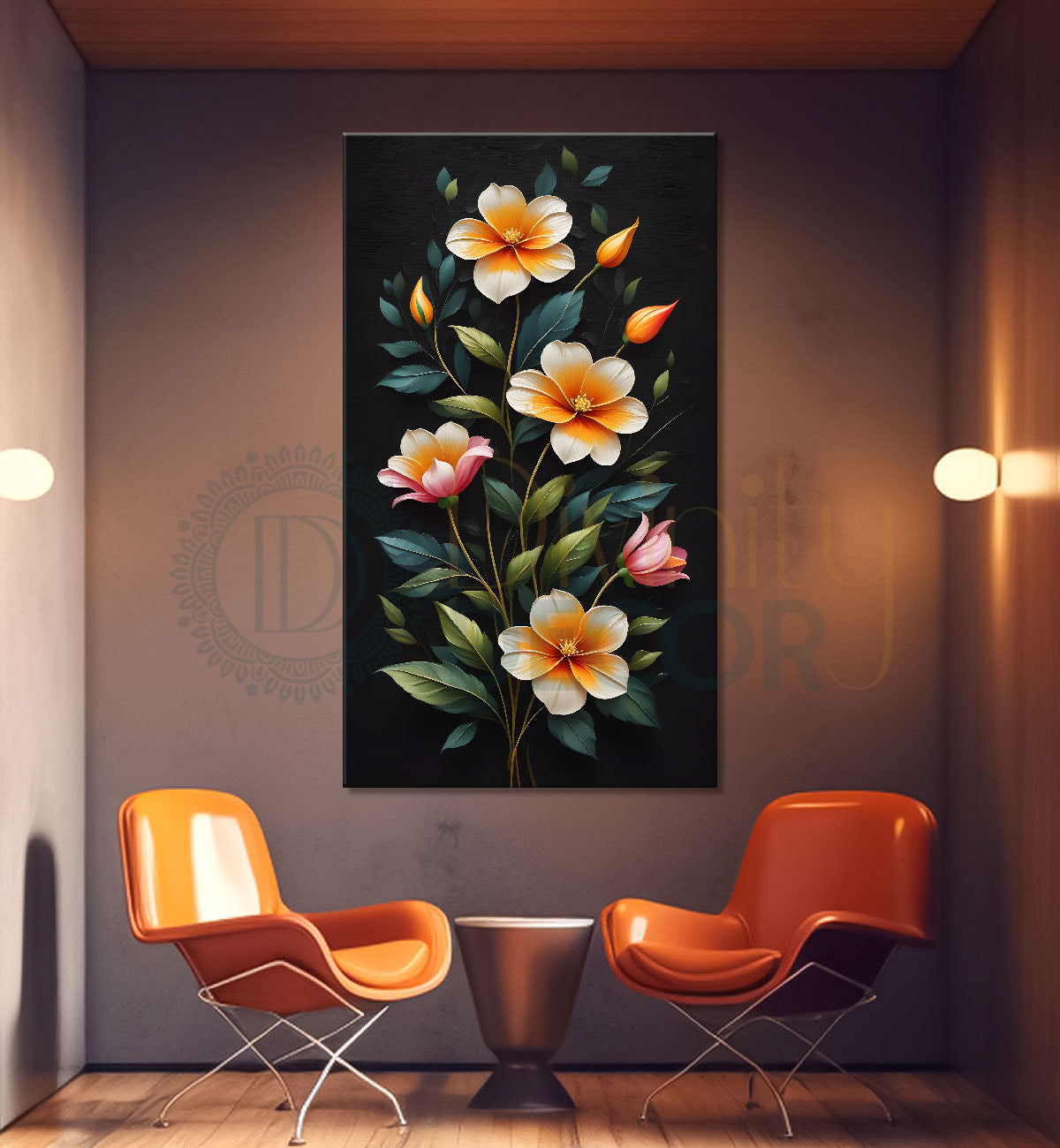 Orange flowers in dark textured painting- Flower-V-291