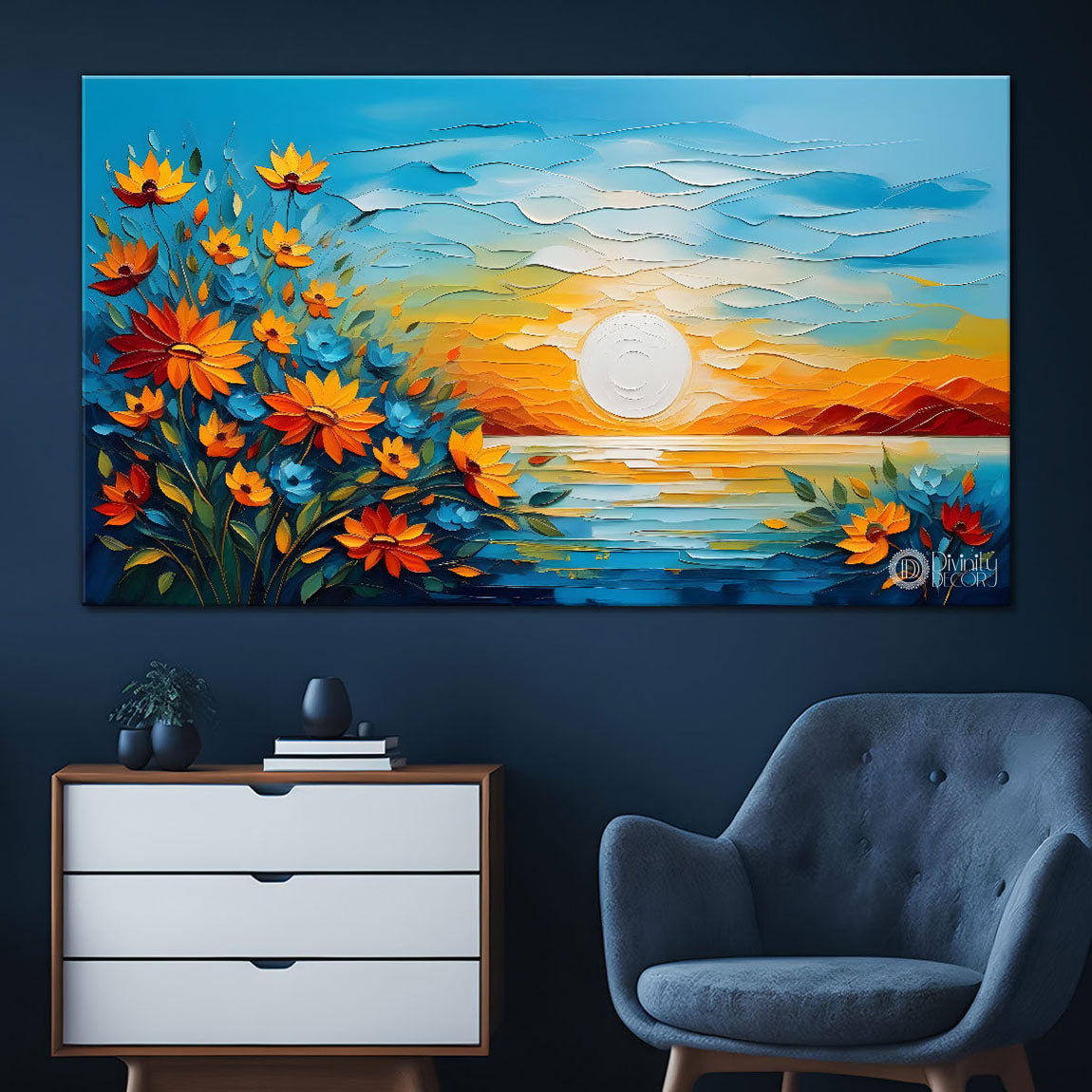 Mountains with flowers and sunset painting Canvas Painting - Nature Art -291