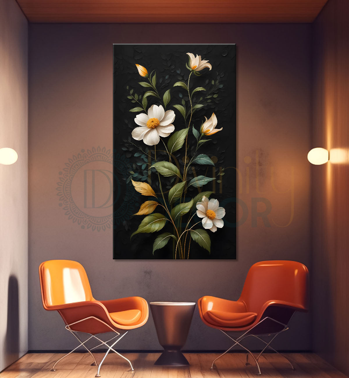 White flowers in dark textured painting- Flower-V-292