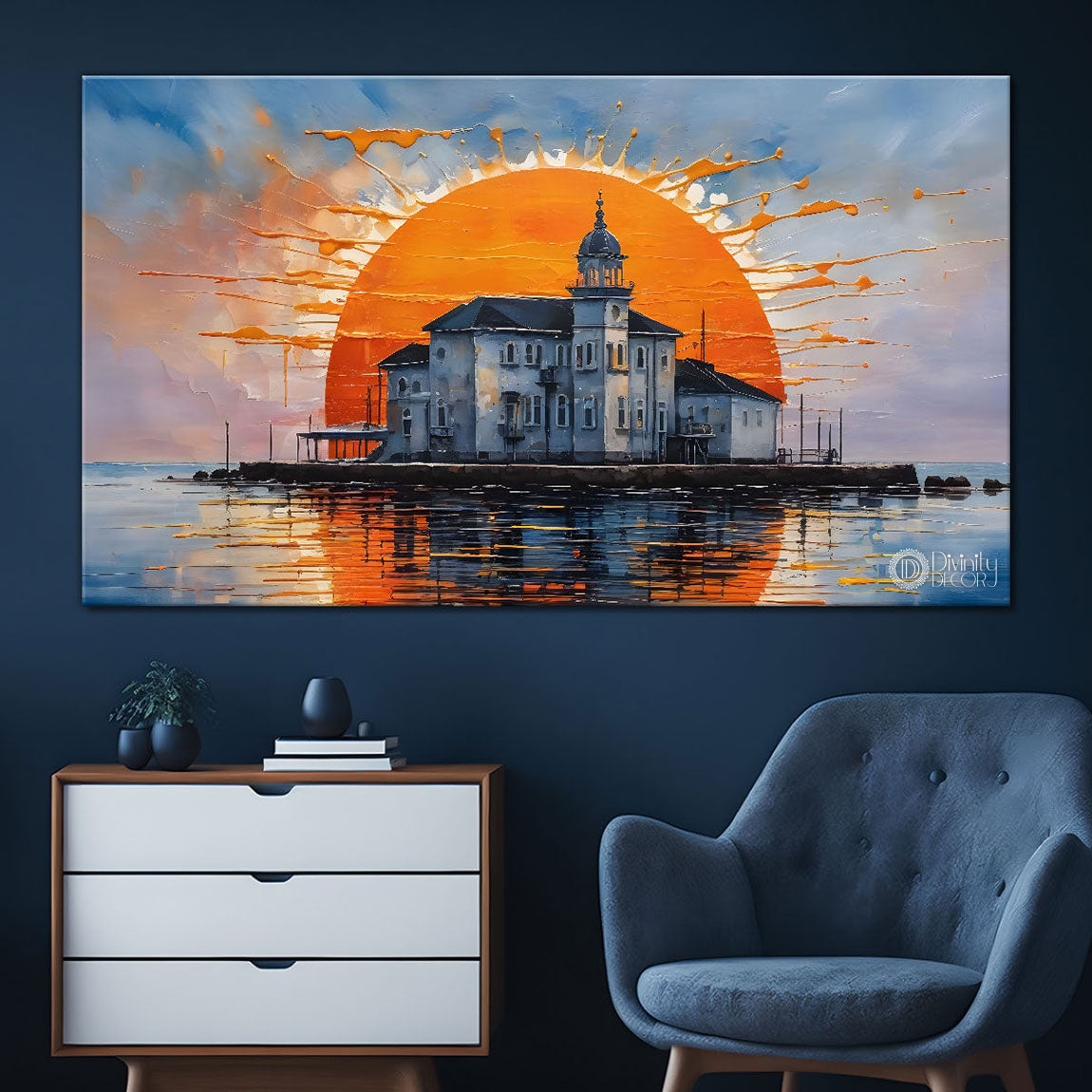 Villa in a river and sunset painting Canvas Painting - Nature Art -292