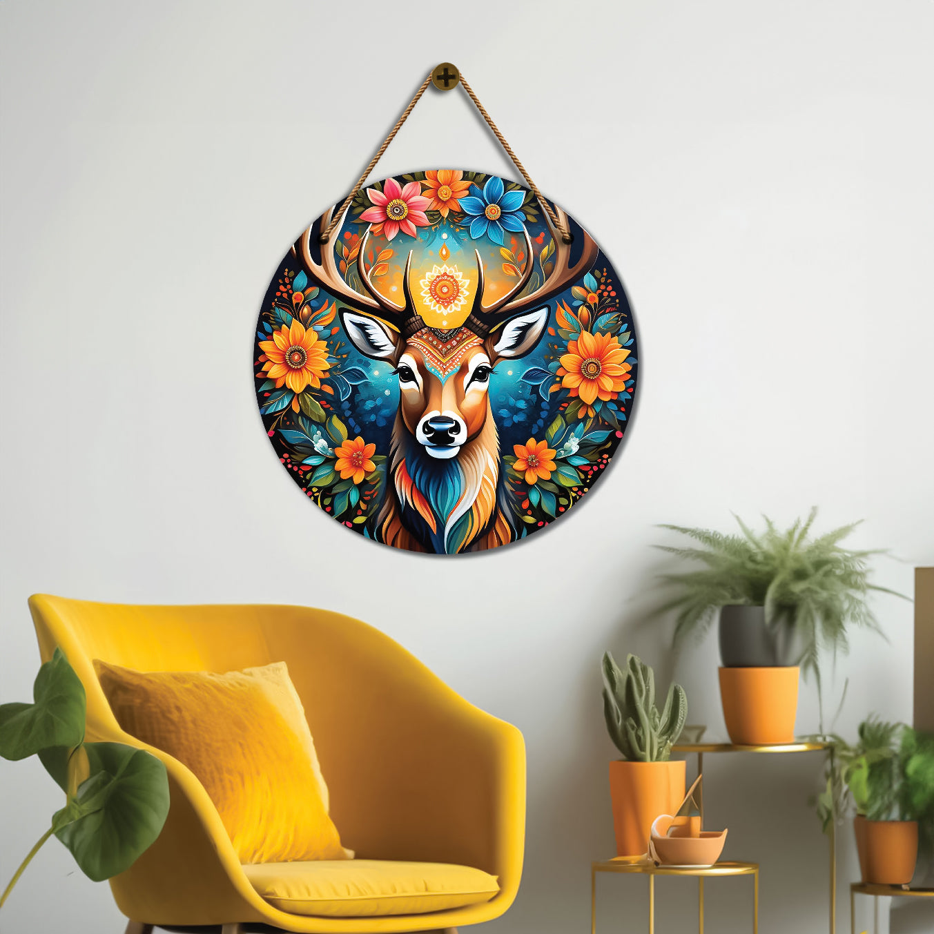 Deer in blue and floral mandala Round Wooden Wall Hanging for wall Décor - Design - 293