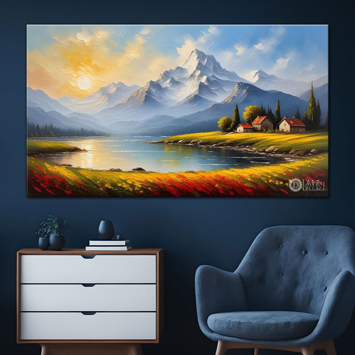 Mountains with lake and greenery Canvas Painting - Nature Art -293