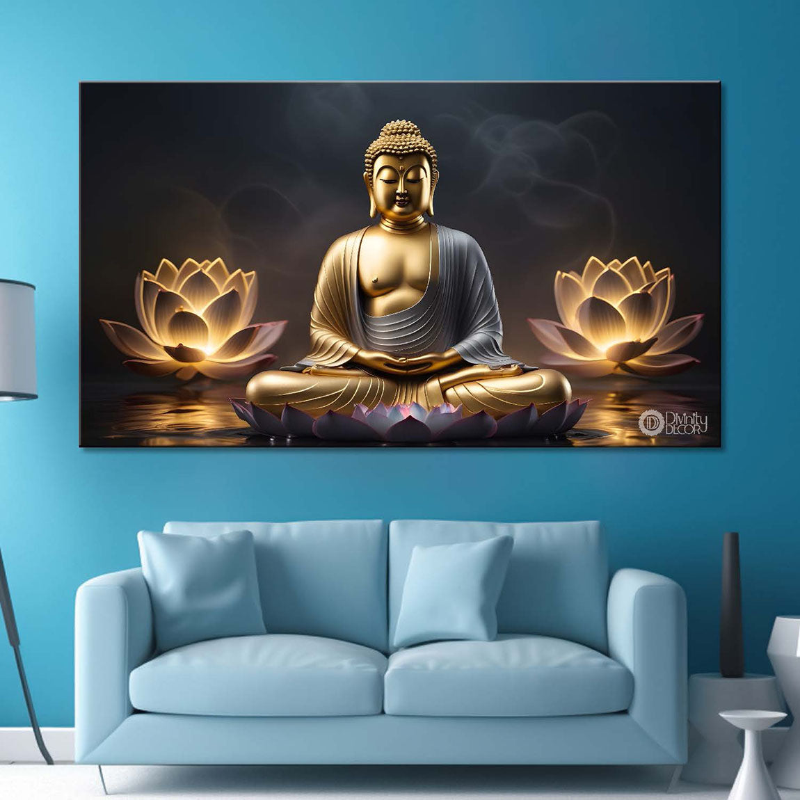 Buddha with dark and yellow  lotus textured background painting Canvas Wall Painting - Buddha-294