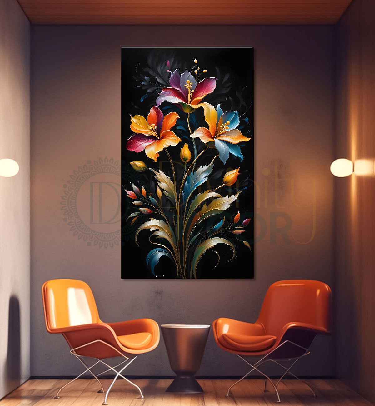 Colourful flowers in dark textured painting- Flower-V-294