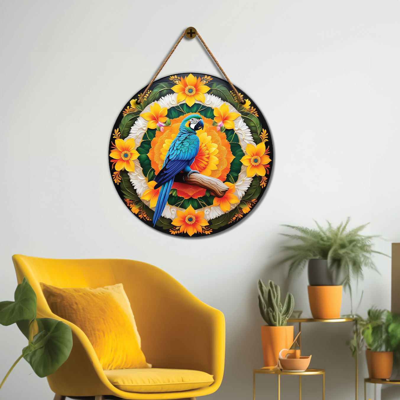 Parrot in green and floral mandala Round Wooden Wall Hanging for wall Décor - Design - 294