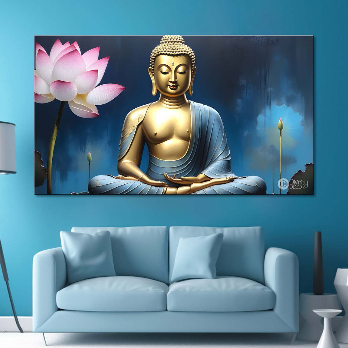 Golden buddha with pink lotus and blue textured background painting Canvas Wall Painting - Buddha-295