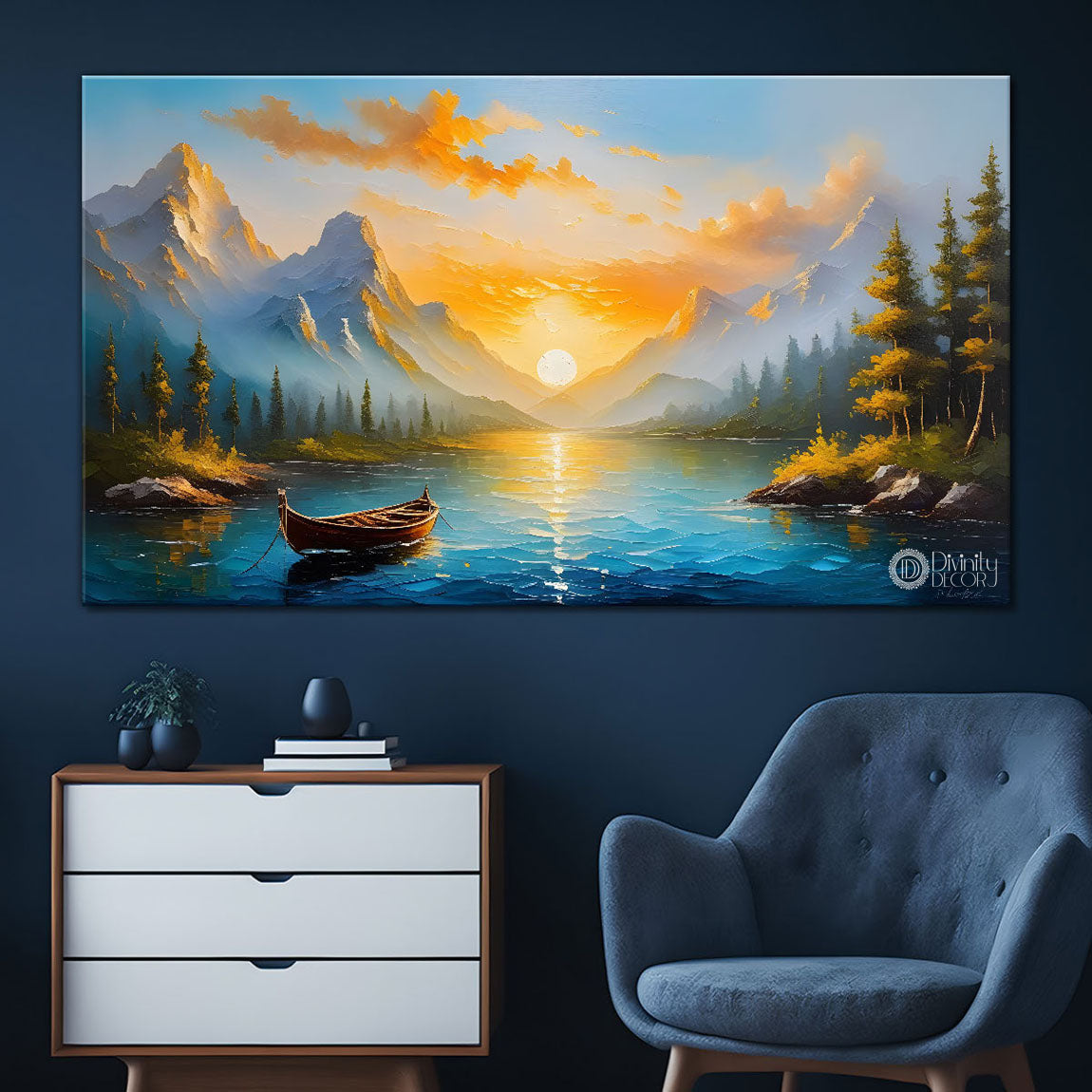 Mountains and boat on river painting Canvas Painting - Nature Art -295