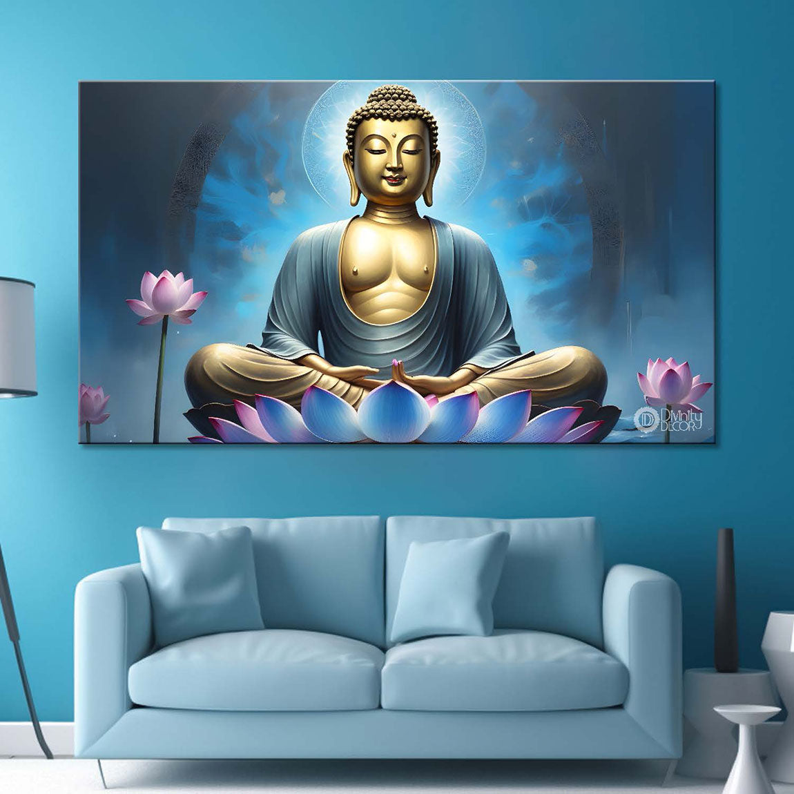 Golden buddha with pink lotus and blue textured background painting Canvas Wall Painting - Buddha-296