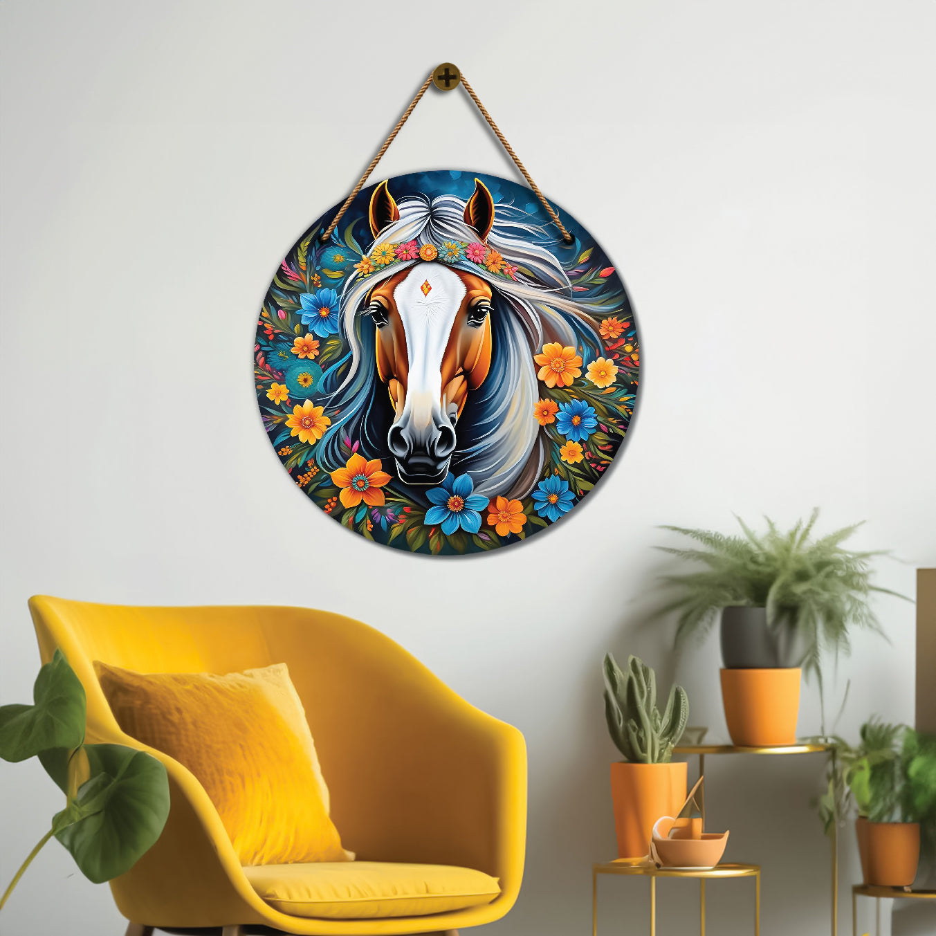 Horse in blue and orange mandala Round Wooden Wall Hanging for wall Décor - Design - 296