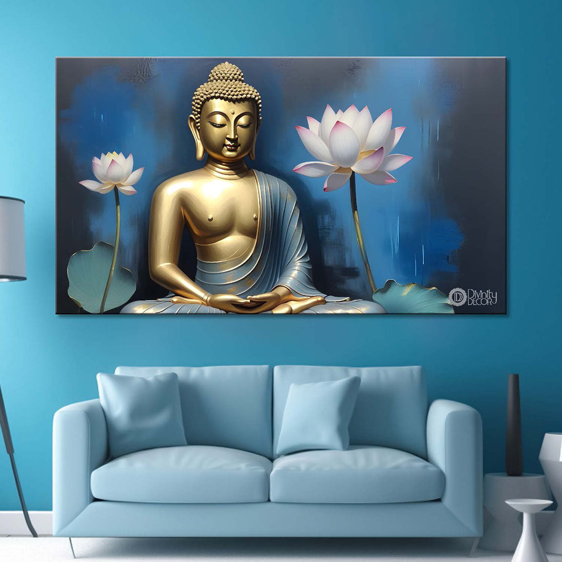 Golden buddha with pink lotus and blue textured background painting Canvas Wall Painting - Buddha-297
