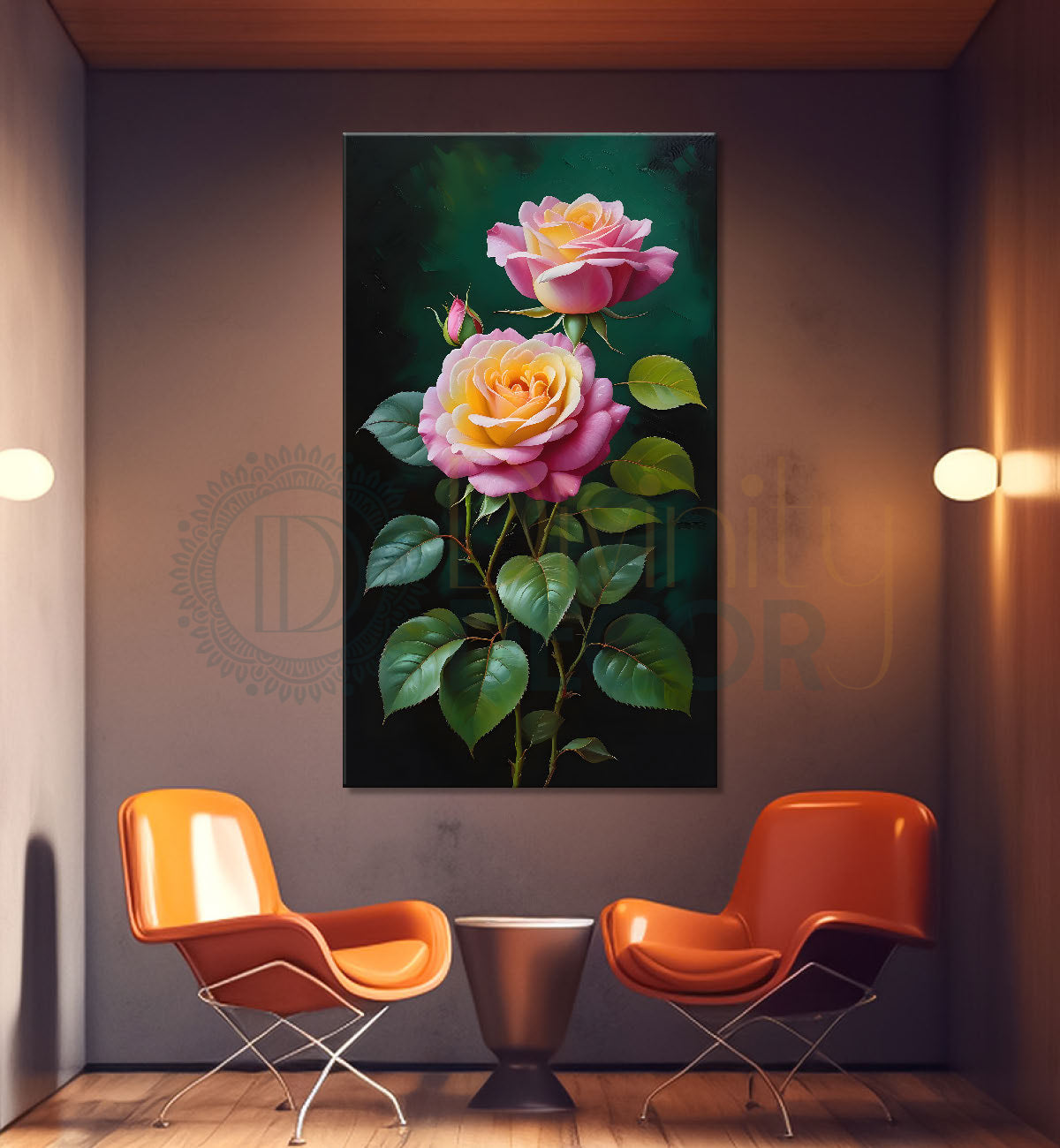 Pink flowers in green textured painting- Flower-V-297