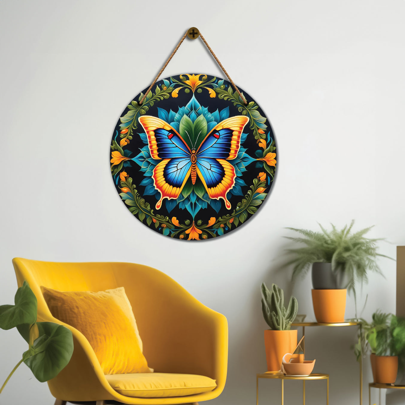 Butterfly in green and yellow mandala Round Wooden Wall Hanging for wall Décor - Design - 297