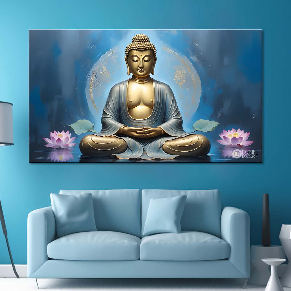 Golden buddha with pink lotus and blue textured background painting Canvas Wall Painting - Buddha-298
