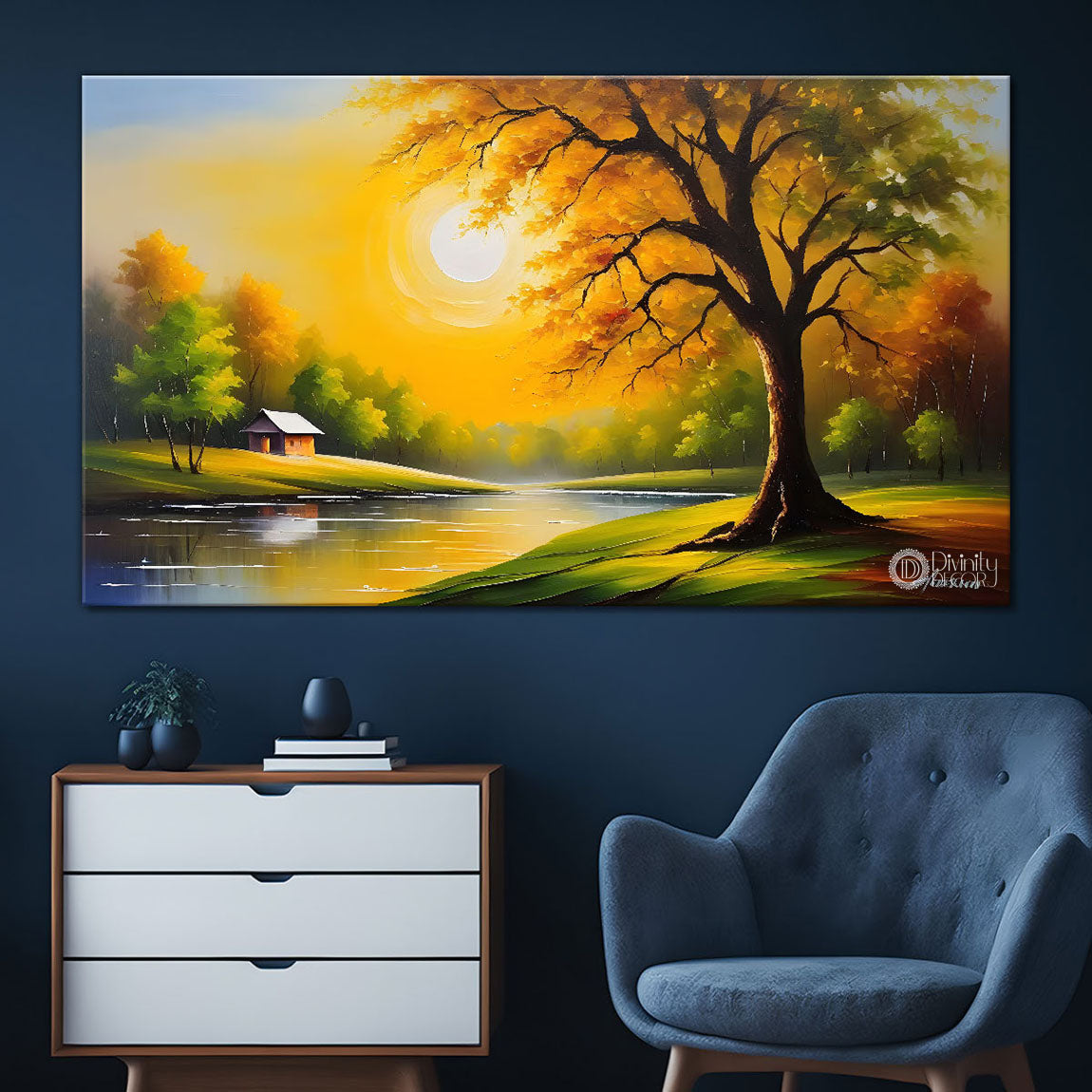 Trees and lake in textured painting Canvas Painting - Nature Art -298