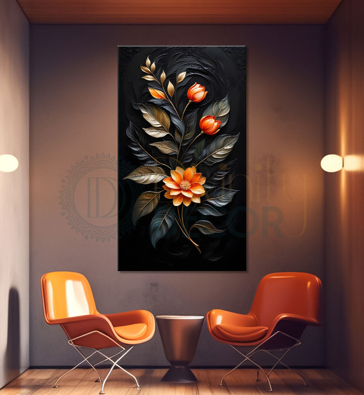 Orange flowers in dark textued painting- Flower-V-298