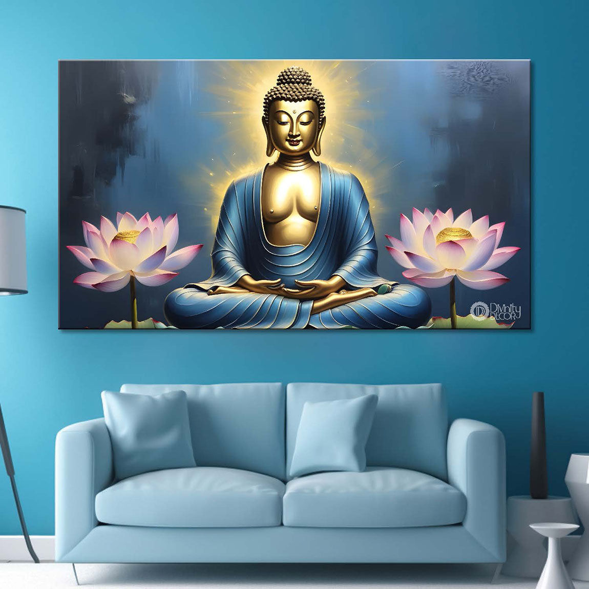 Golden buddha with pink lotus and blue textured background painting Canvas Wall Painting - Buddha-299