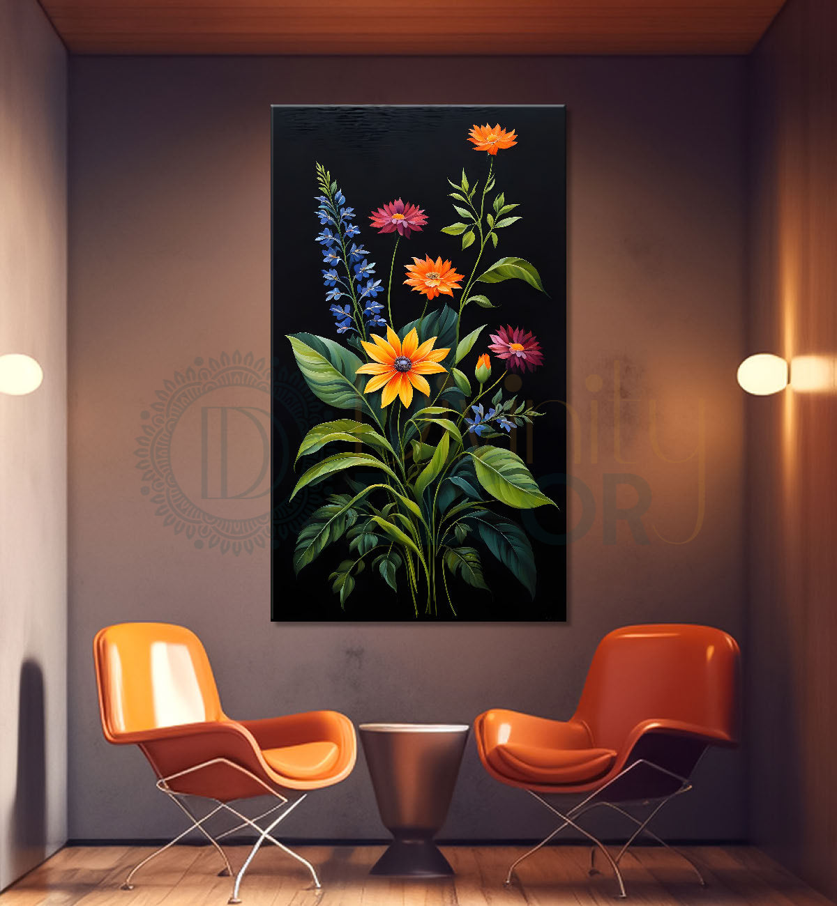Colourful flowers in dark textured painting- Flower-V-299