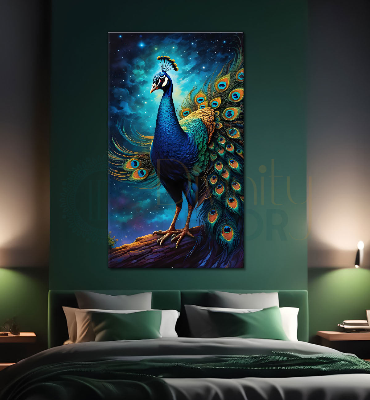 Peacock in front of moon with blue background modern art painting  - Design - Peacock-V-29