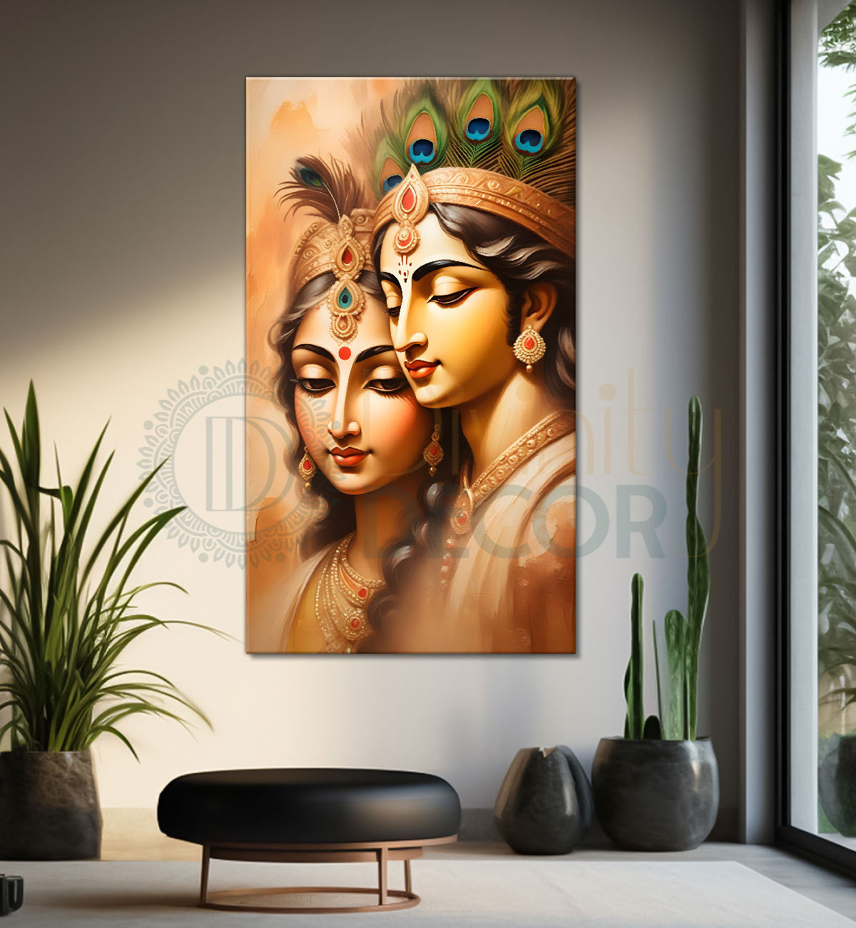 Krishna with radha in light brown background textured art Canvas Painting - Design - Krishna-V-29