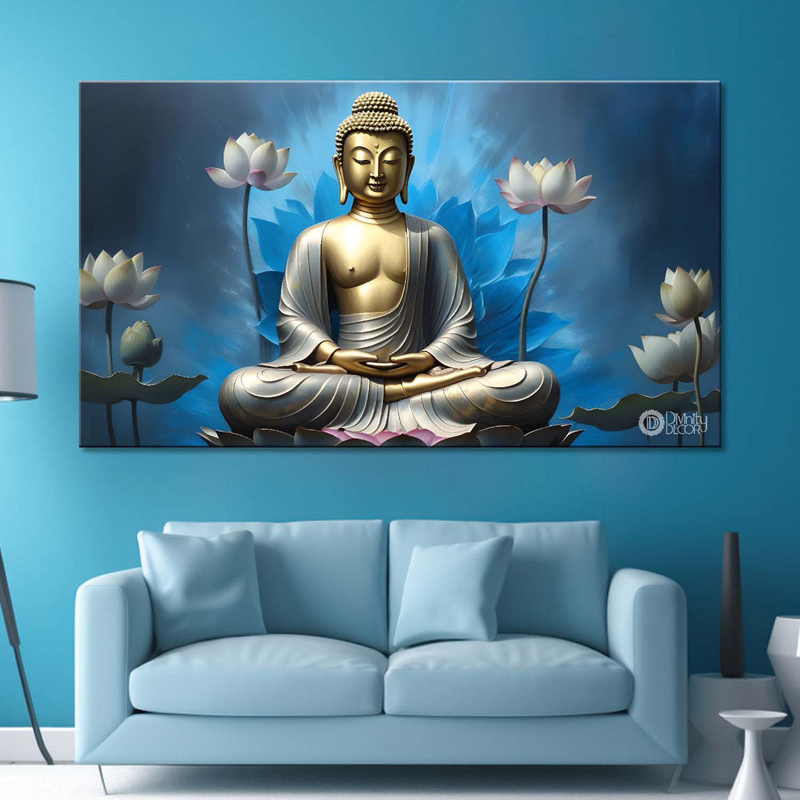 Golden buddha with pink lotus and blue textured background painting Canvas Wall Painting - Buddha-300