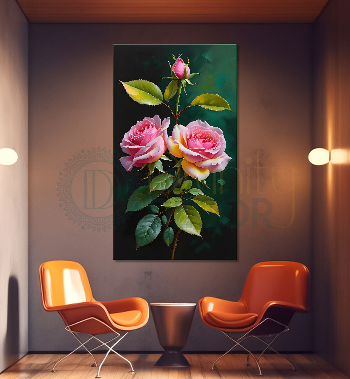Pink flowers in green textured painting- Flower-V-301
