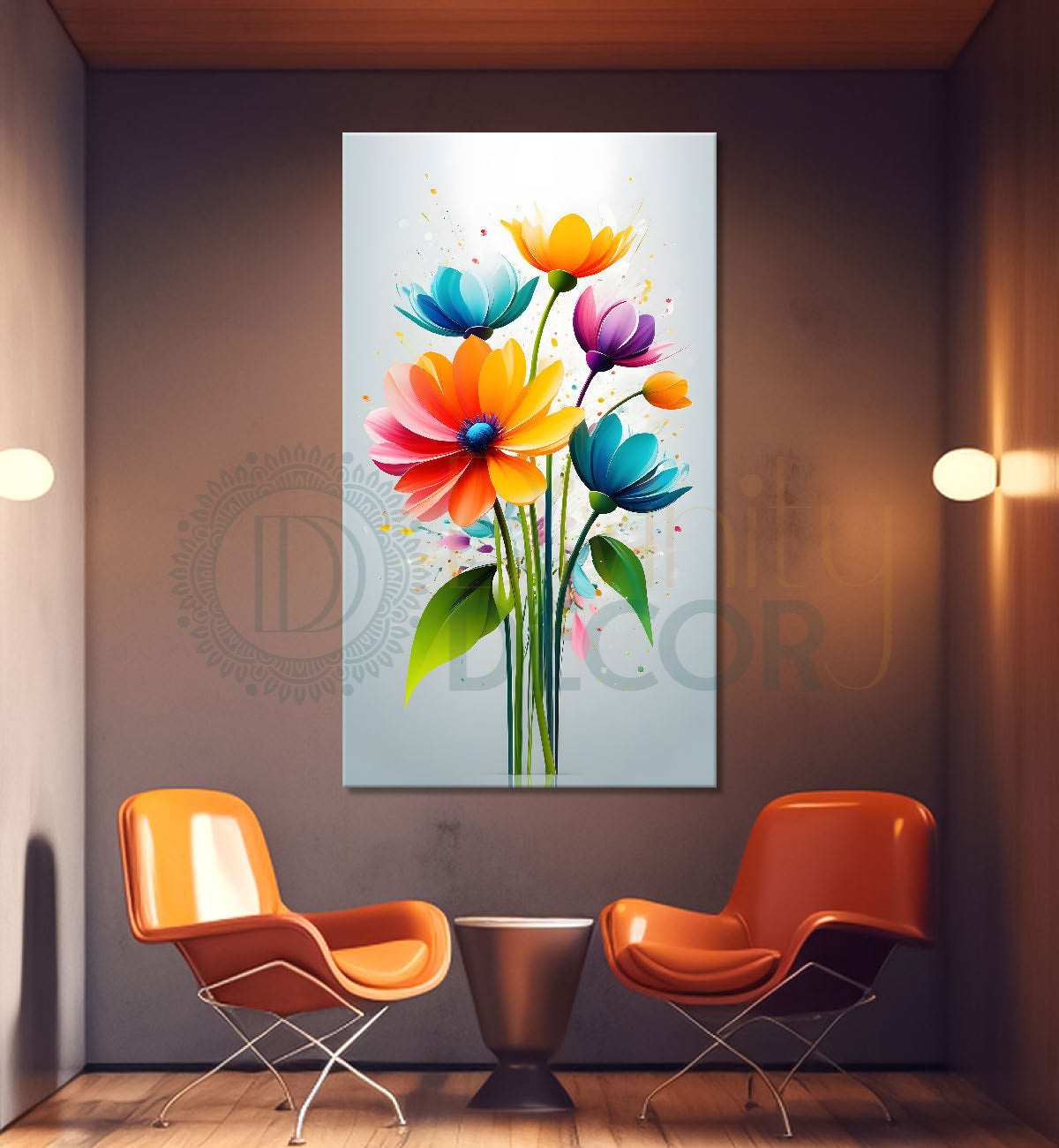 Colourful flowers in grey textured background painting- Flower-V-302