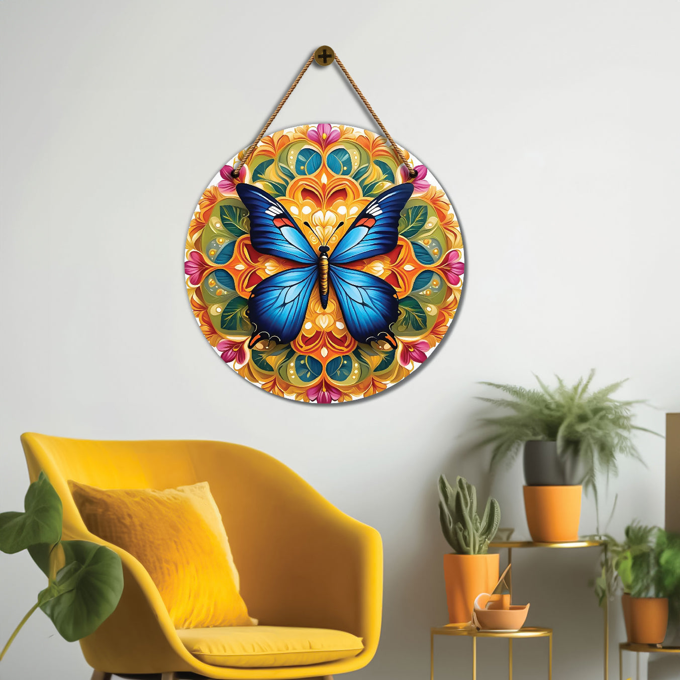 Butterfly in green and orange mandala Round Wooden Wall Hanging for wall Décor - Design - 302