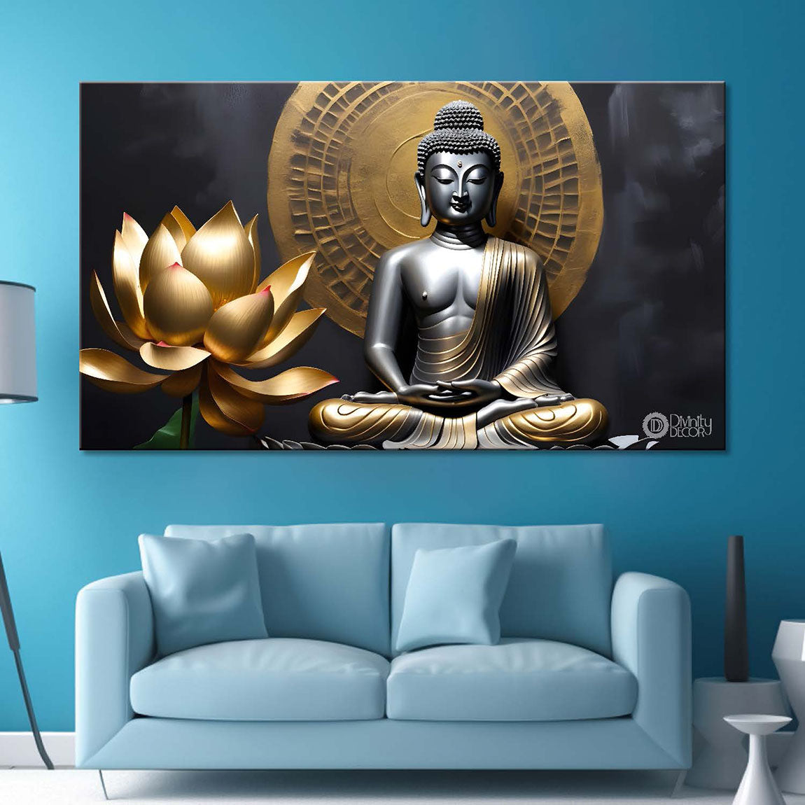 Golden buddha in golden and lotus  background textured painting Canvas Wall Painting - Buddha-303