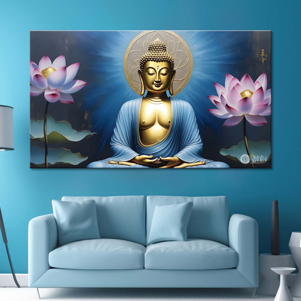 Golden buddha with pink lotus and blue textured background painting Canvas Wall Painting - Buddha-304