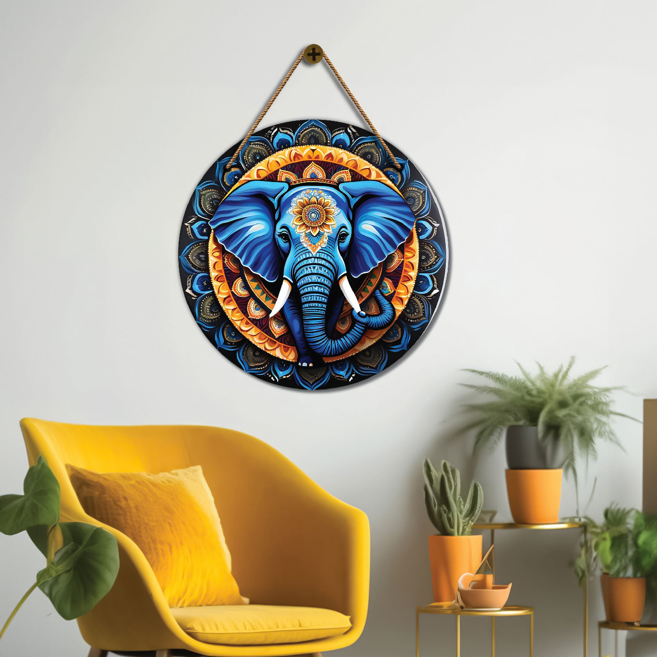 Elephant in golden and blue mandala Round Wooden Wall Hanging for wall Décor - Design - 304