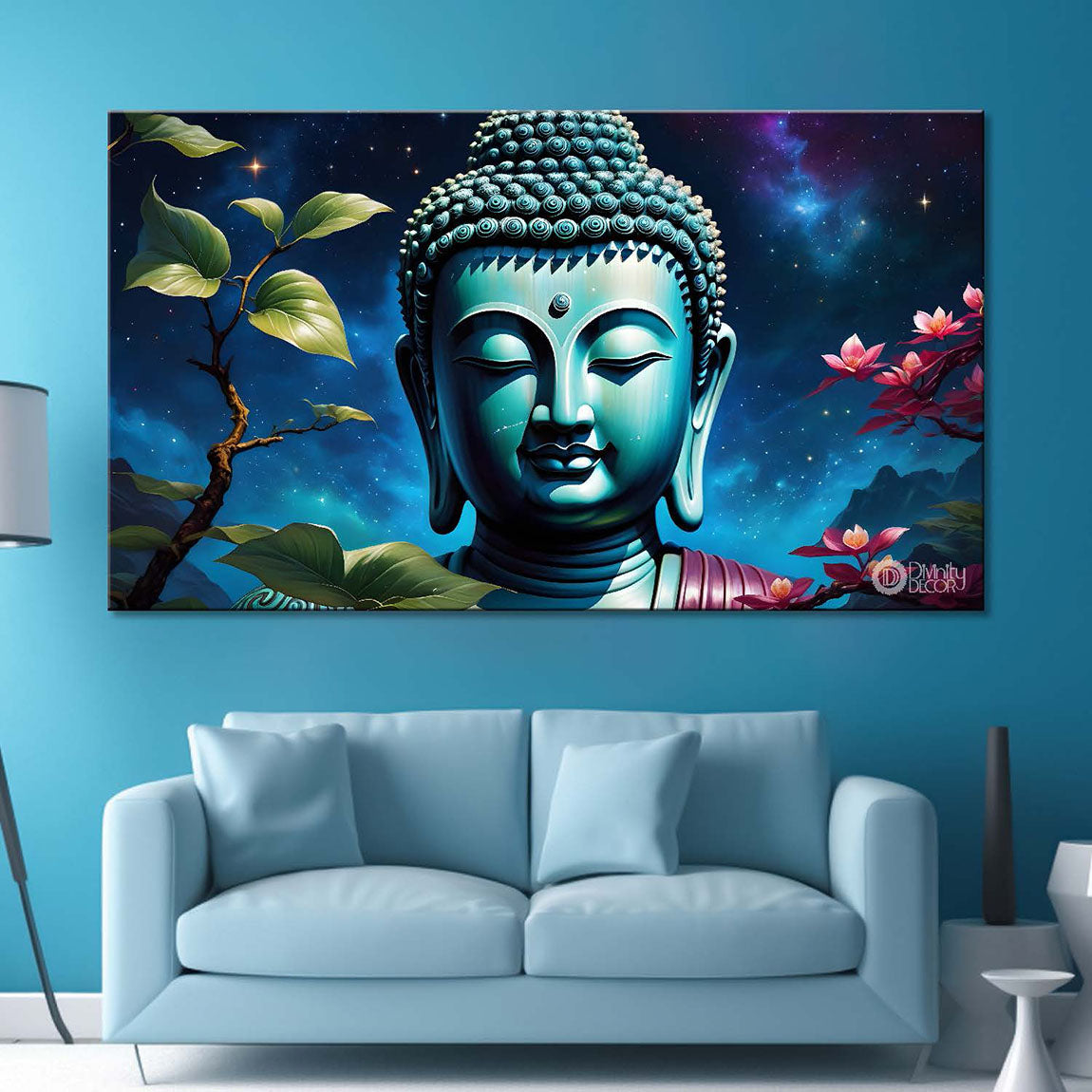 Blue buddha with the blue and flowers background textured painting Canvas Wall Painting - Buddha-305