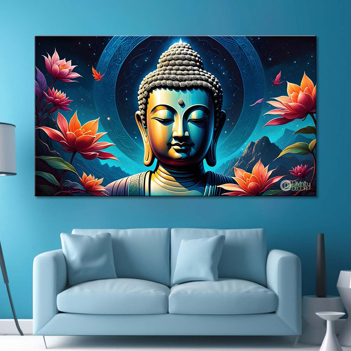 Blue buddha with the blue and flowers background textured painting Canvas Wall Painting - Buddha-306