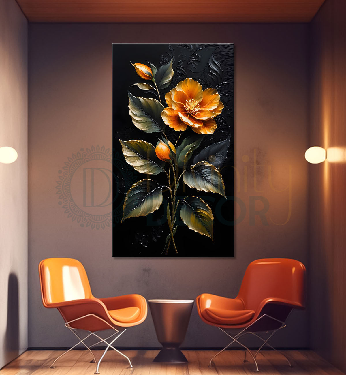 Orange flowers in dark textured painting- Flower-V-306