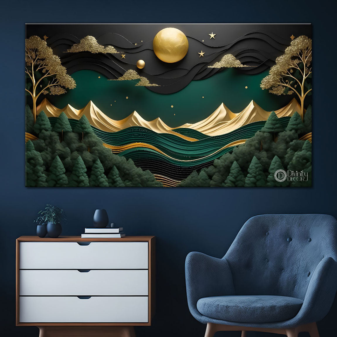 Green mountains with golden moon and trees Canvas Painting - Nature Art -306