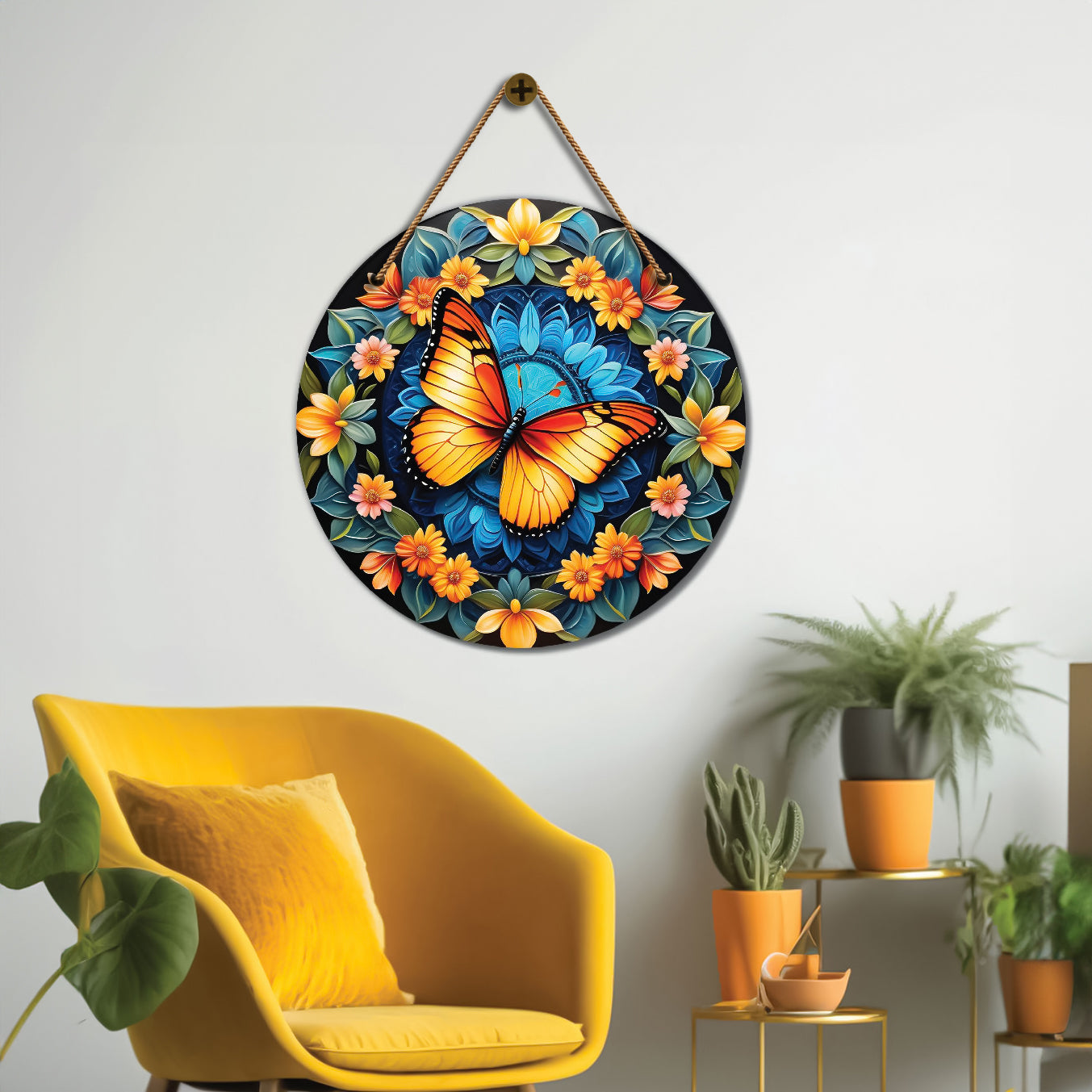 Butterfly in blue and floral mandala Round Wooden Wall Hanging for wall Décor - Design - 306