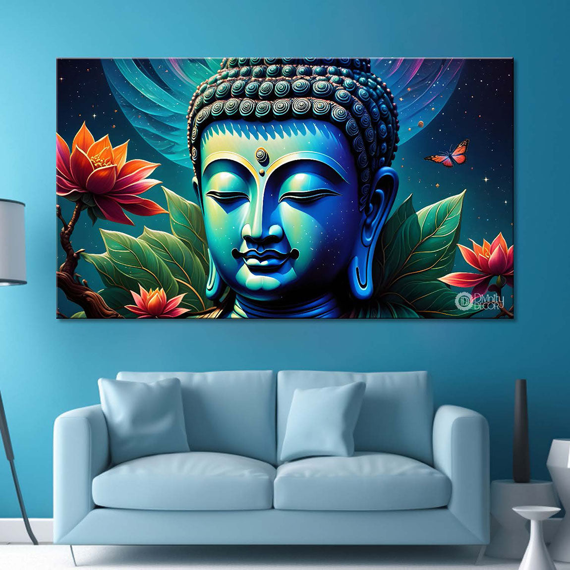 Blue buddha with the blue and flowers background textured painting Canvas Wall Painting - Buddha-307