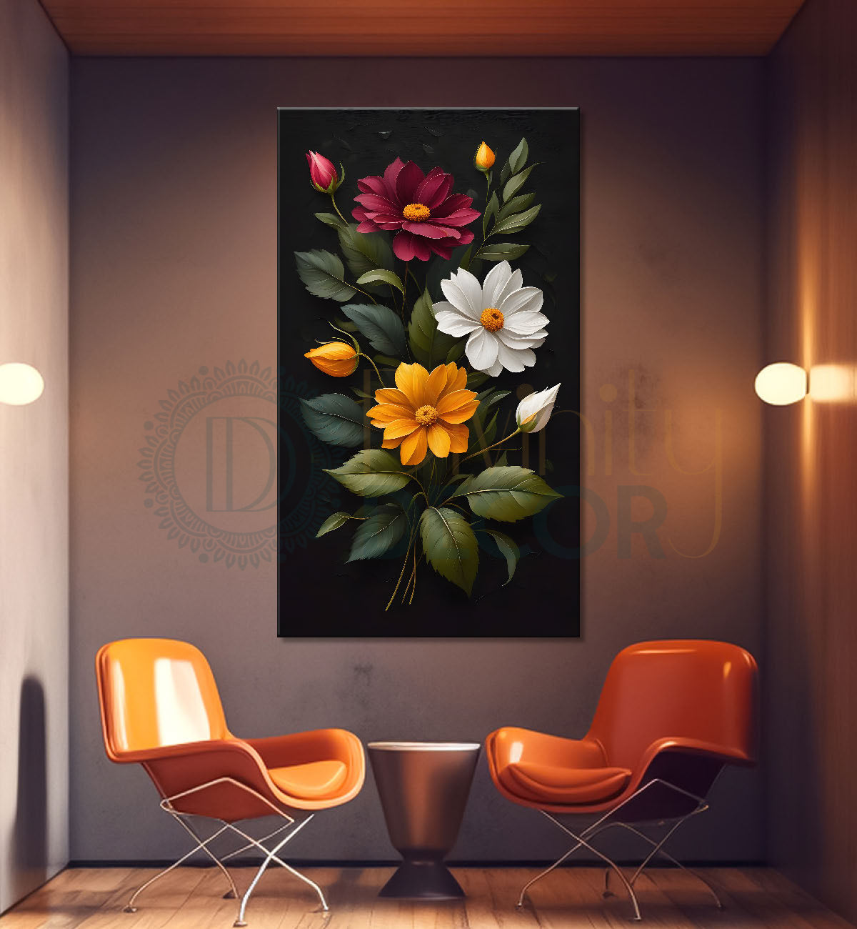 Colourful flowers in dark textured painting- Flower-V-307