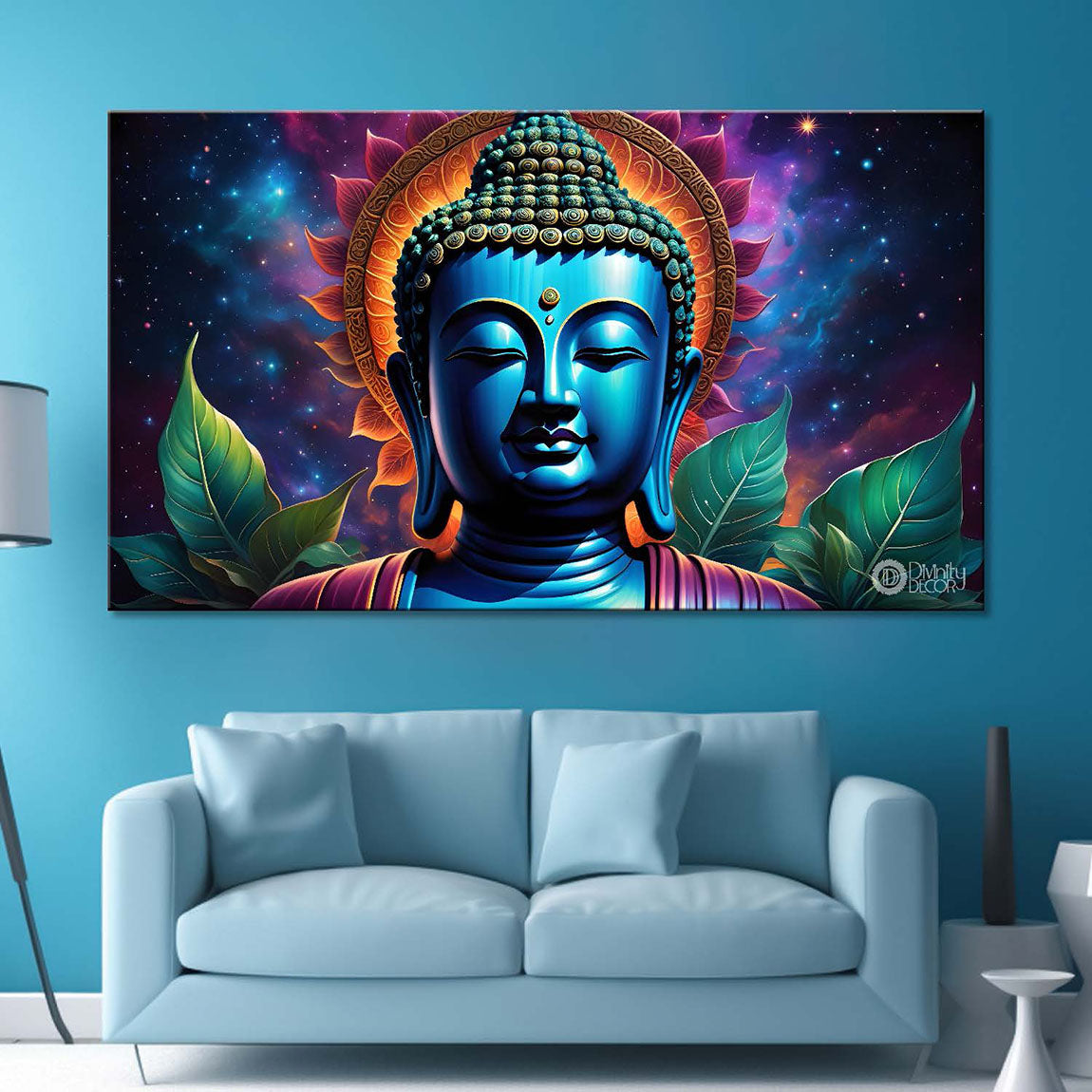 Blue buddha with the blue and flowers background textured painting Canvas Wall Painting - Buddha-308
