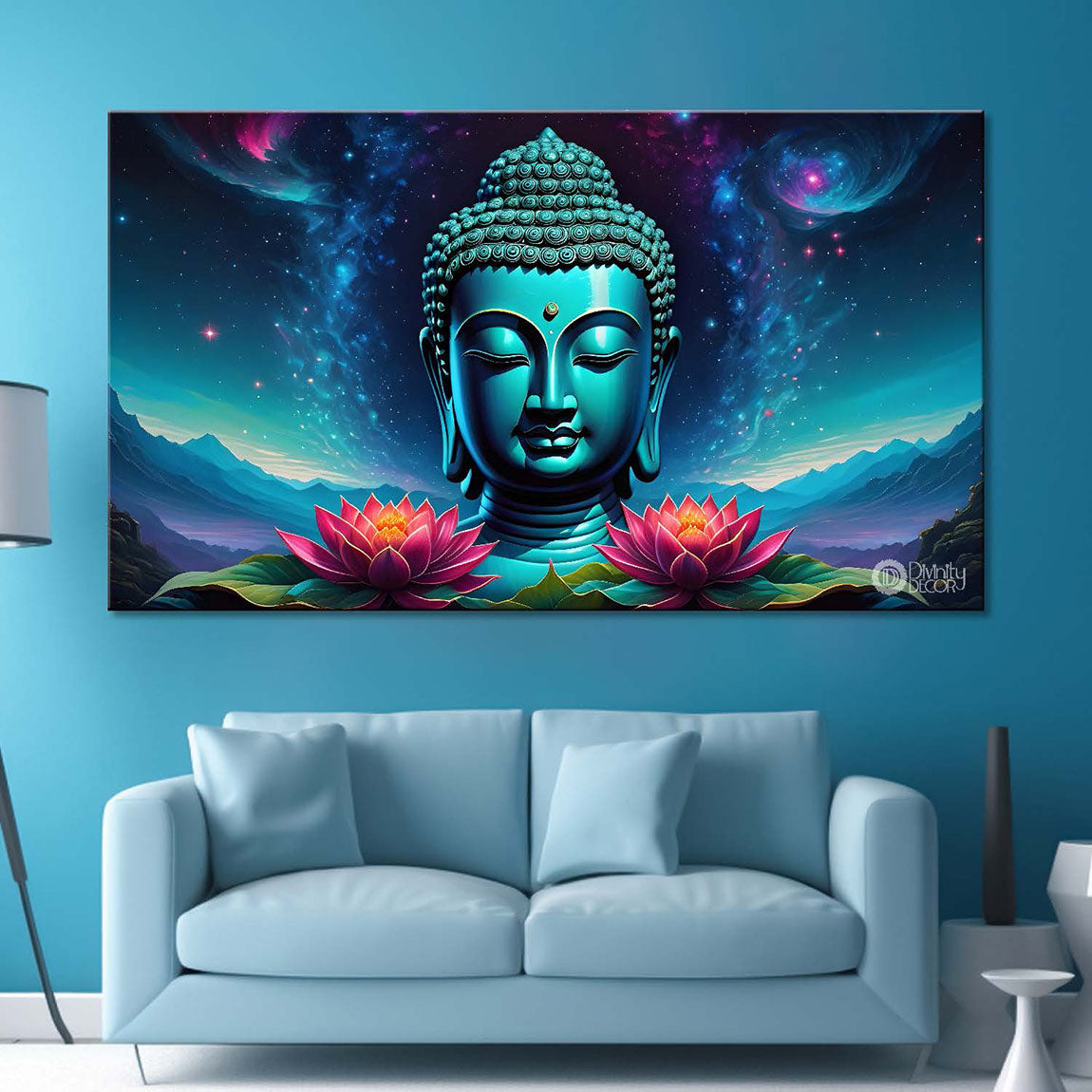 Blue buddha with the blue and flowers background textured painting Canvas Wall Painting - Buddha-309