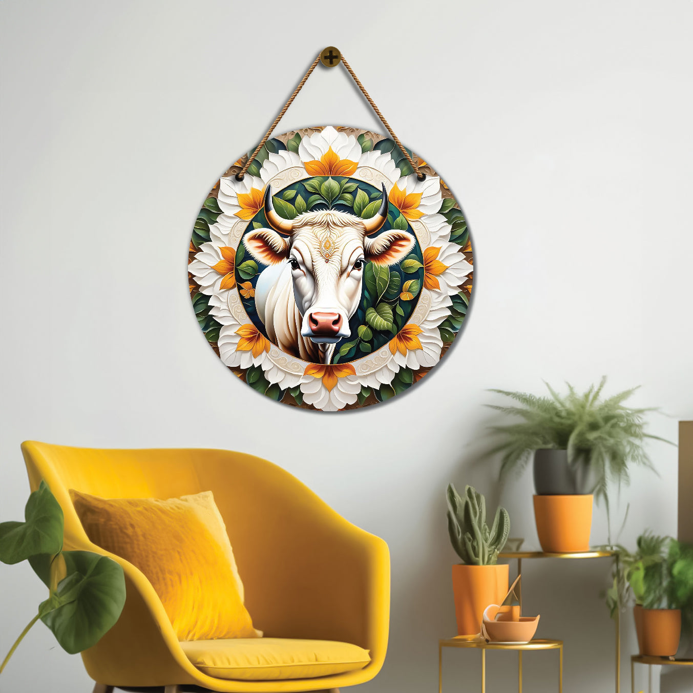 Cow in green and white mandala Round Wooden Wall Hanging for wall Décor - Design - 309