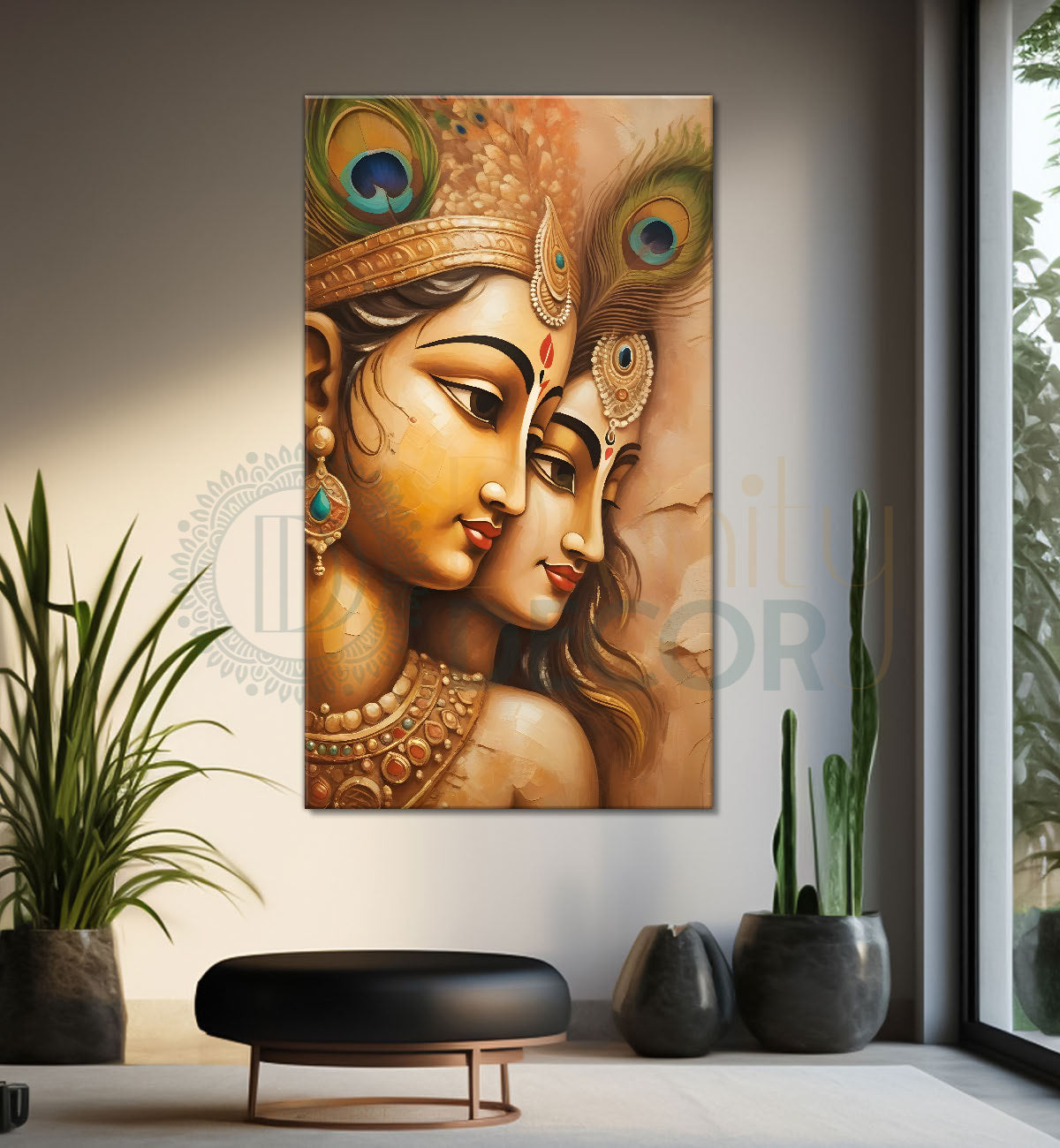 Krishna with radha in light brown background textured art Canvas Painting - Design - Krishna-V-30