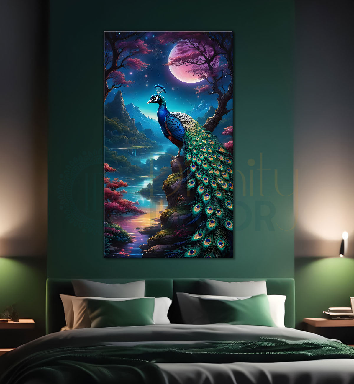 Peacock in front of moon with blue background modern art painting  - Design - Peacock-V-30