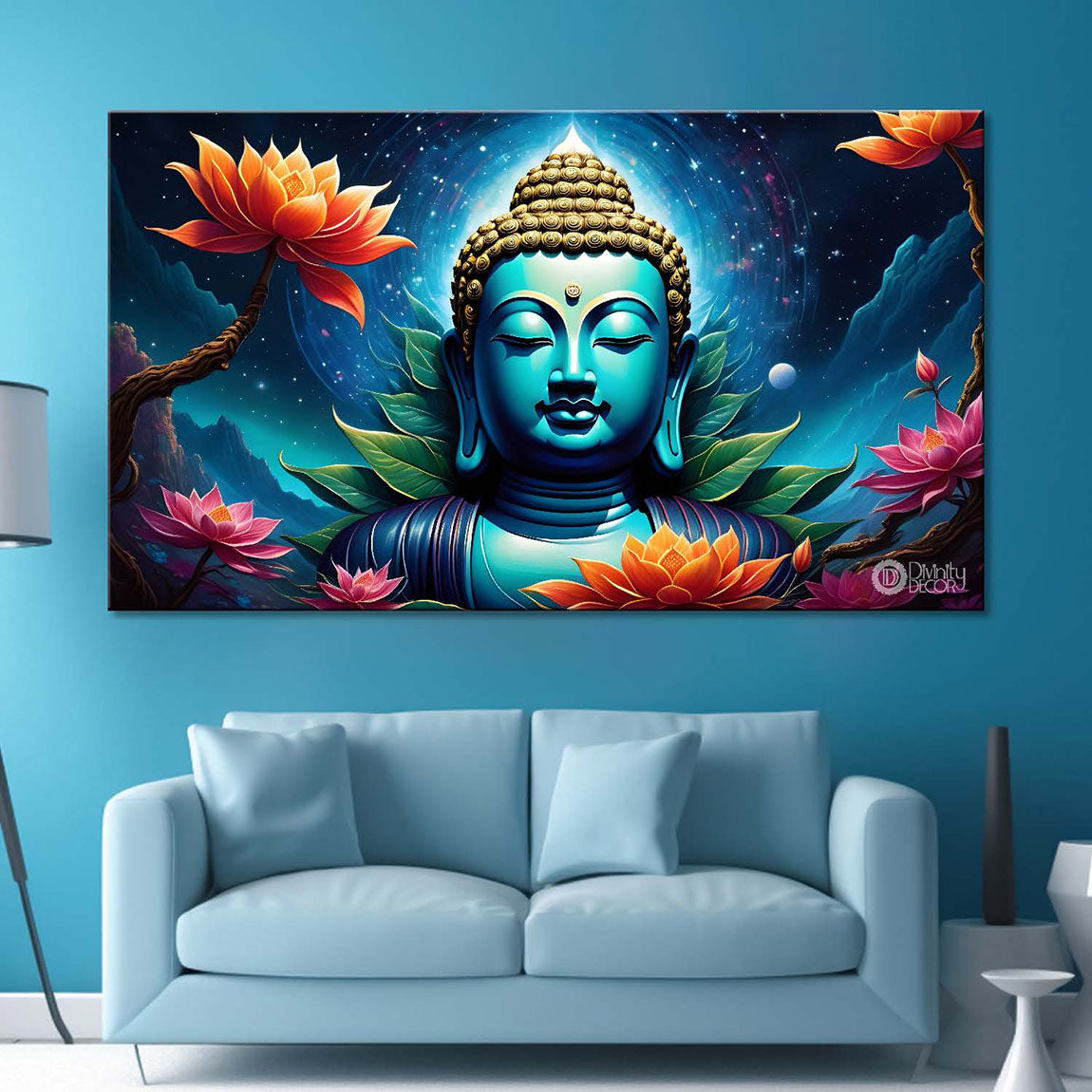 Blue buddha with the blue and flowers background textured painting Canvas Wall Painting - Buddha-310
