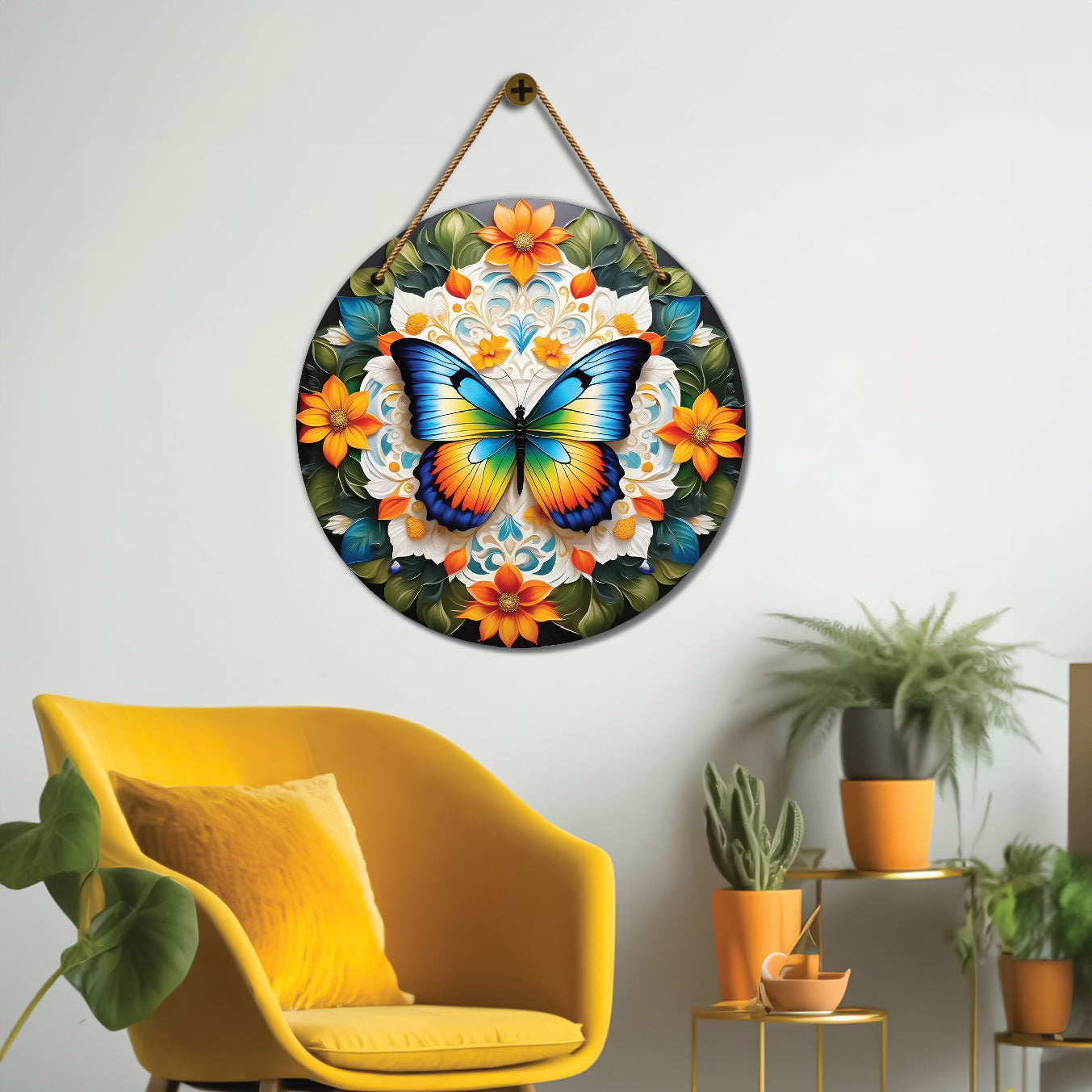 Butterfly in green and orange mandala Round Wooden Wall Hanging for wall Décor - Design - 310