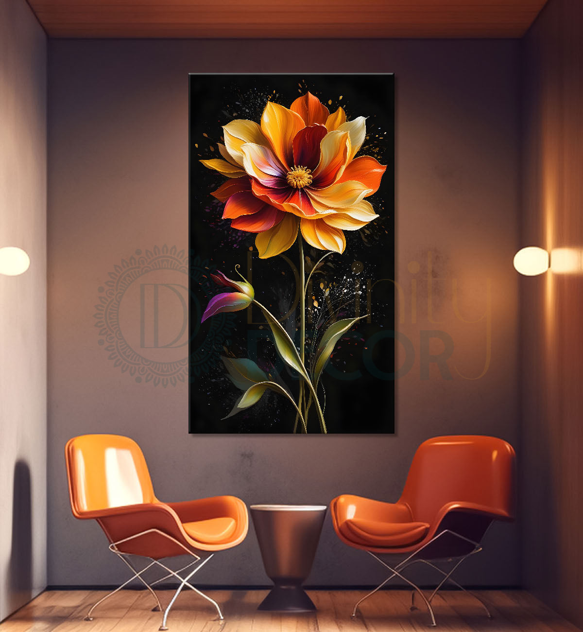 Orange flower in dark textured background painting- Flower-V-310