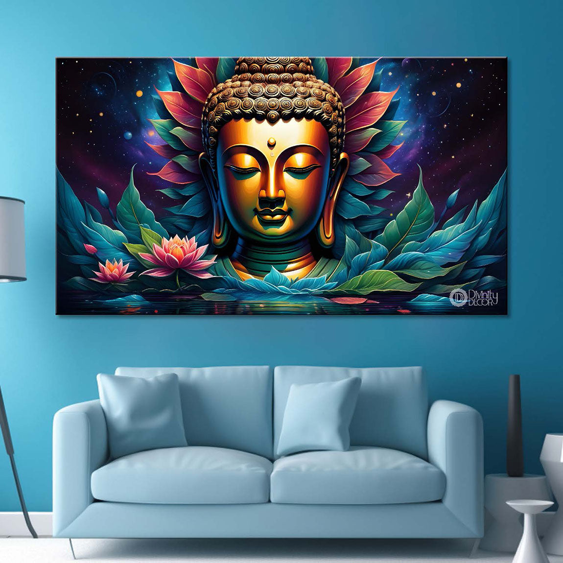 Golden buddha with the blue and flowers background textured painting Canvas Wall Painting - Buddha-311